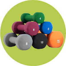 Stack of dumbbells of various colours and weights